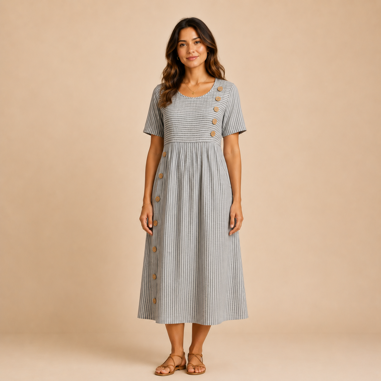 Mary - Button Striped Mide Dress