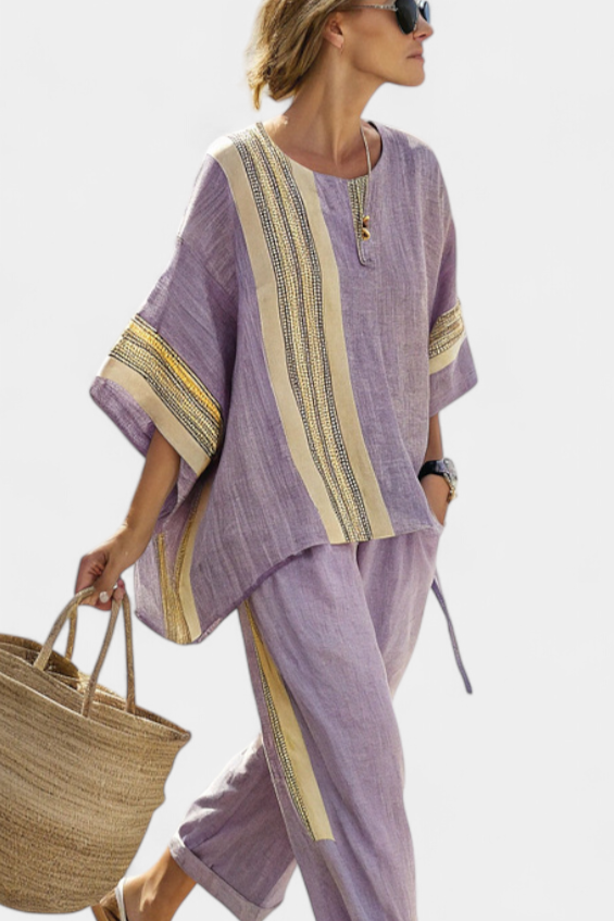 Women's Oversized Fit Bamboo Top and Striped Pants Set
