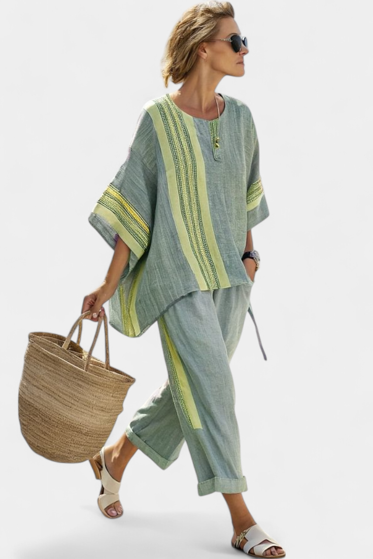 Women's Oversized Fit Bamboo Top and Striped Pants Set