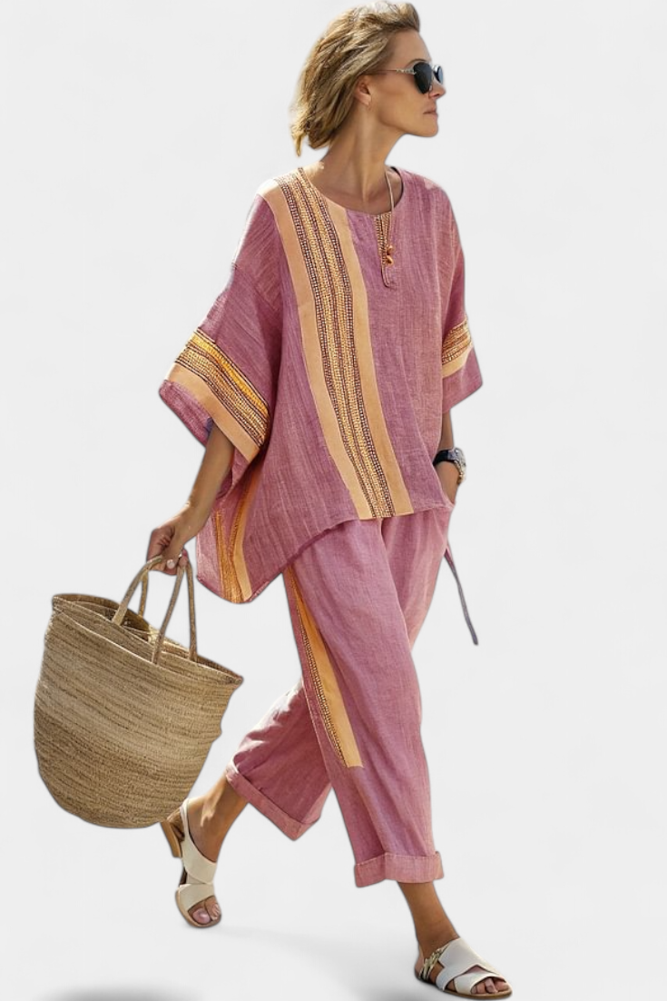 Women's Oversized Fit Bamboo Top and Striped Pants Set