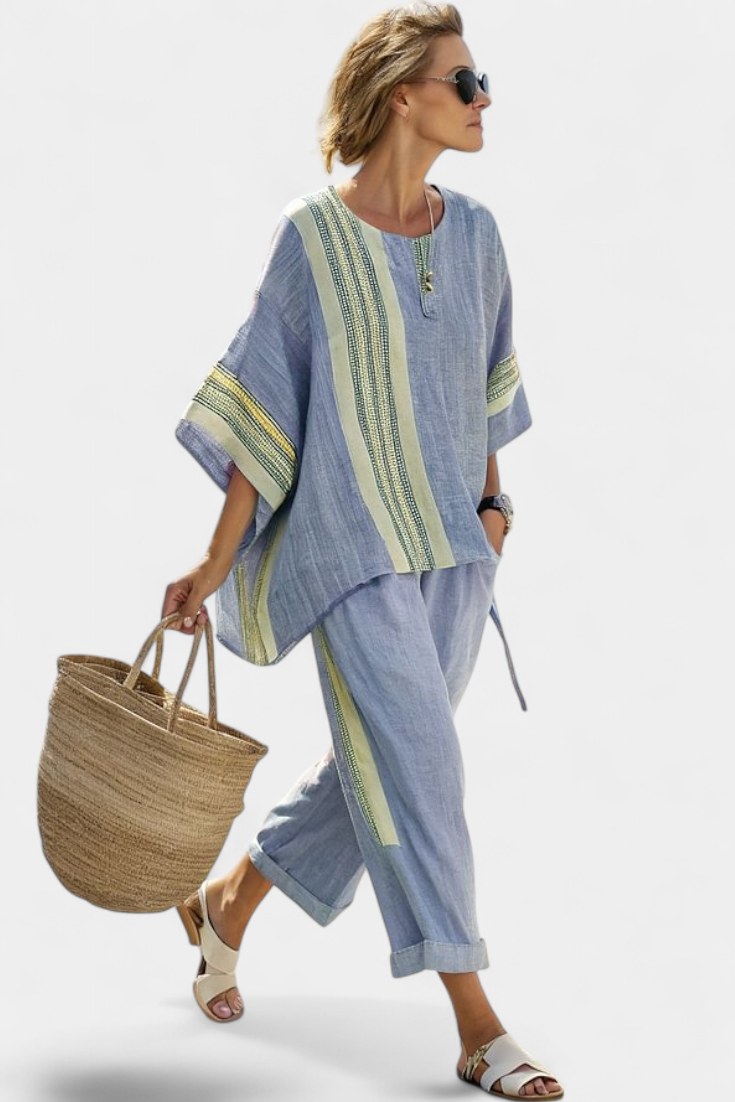 Women's Oversized Fit Bamboo Top and Striped Pants Set