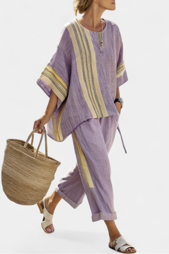 Women's Oversized Fit Bamboo Top and Striped Pants Set