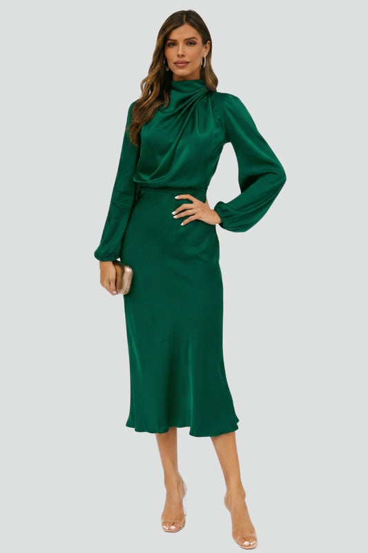 Women's High Neck Long Sleeve Midi Dress