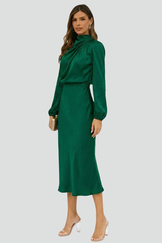Women's High Neck Long Sleeve Midi Dress