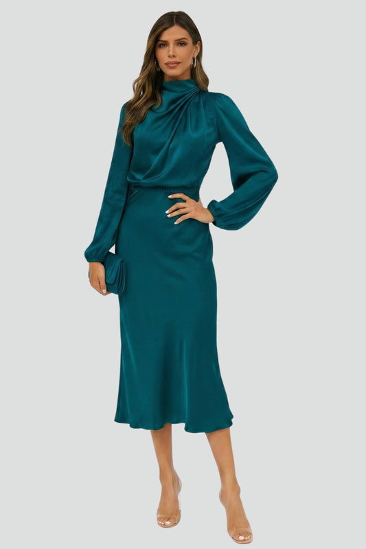 Women's High Neck Long Sleeve Midi Dress