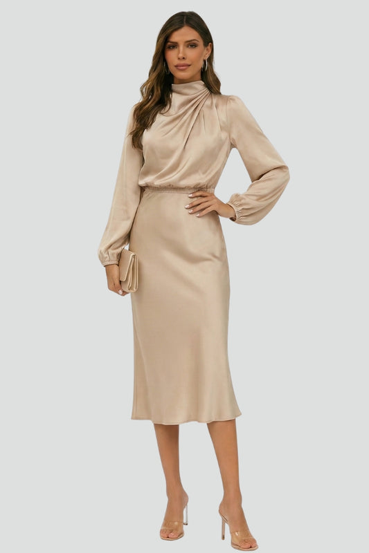 Women's High Neck Long Sleeve Midi Dress