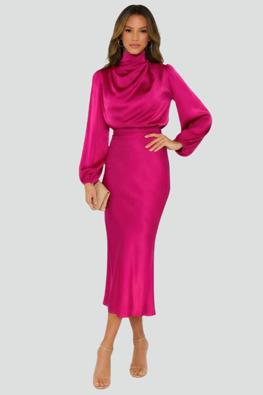 Women's High Neck Long Sleeve Midi Dress
