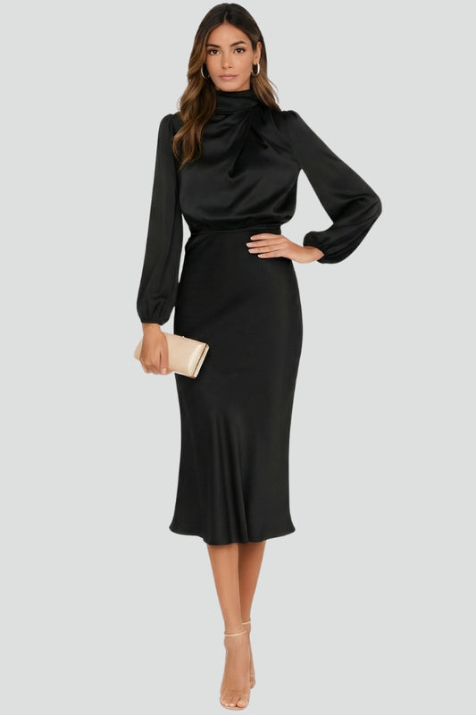 Women's High Neck Long Sleeve Midi Dress