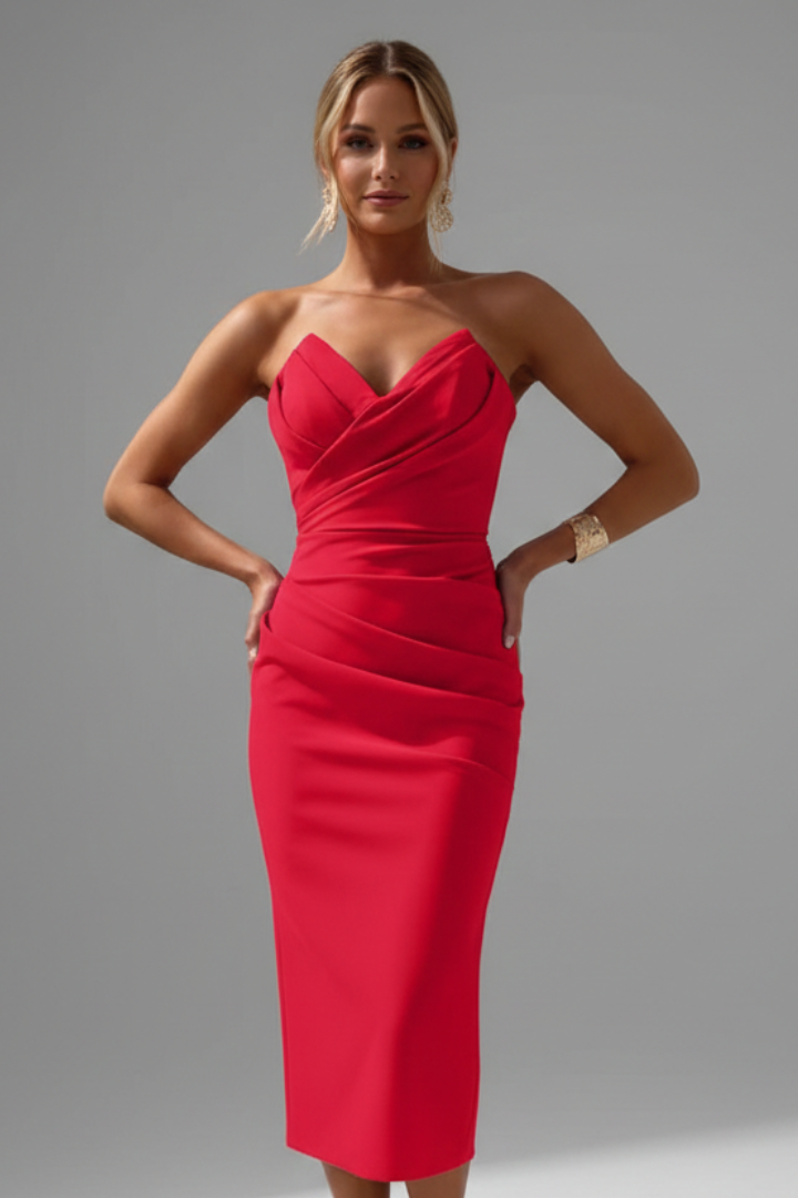 Women's Strapless Ruched Midi Dress
