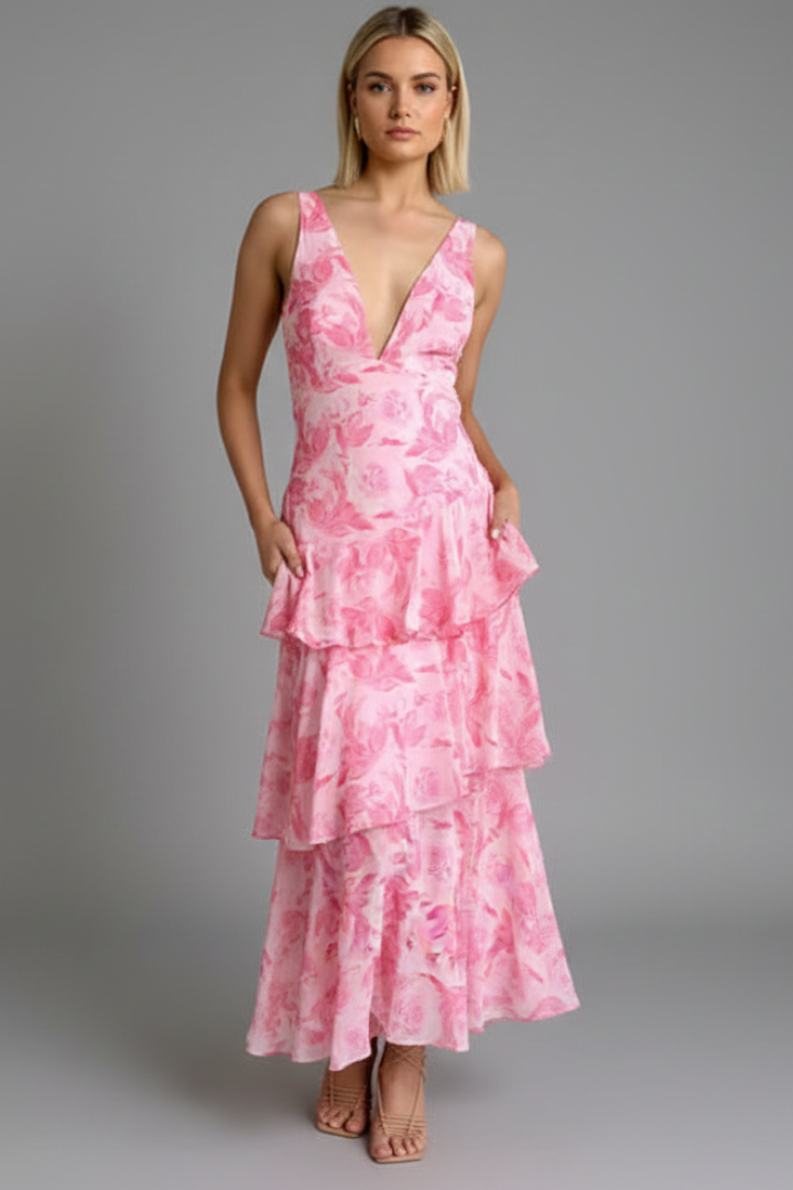 Women's V-Neck Tiered Maxi Dress