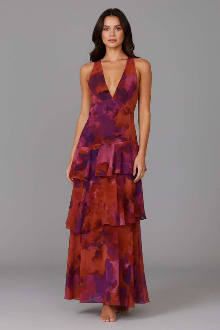 Women's V-Neck Tiered Maxi Dress