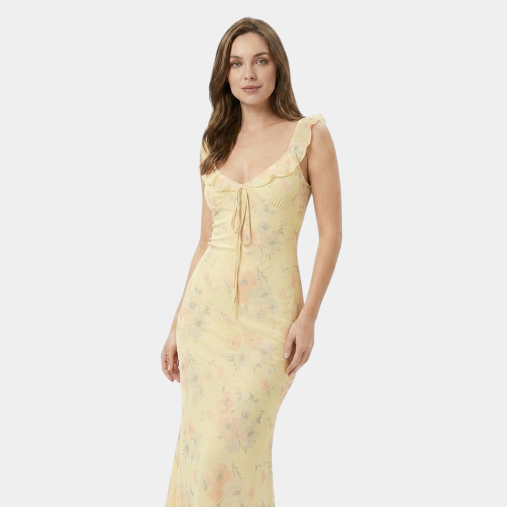 Women’s Yellow Maxi Dress Frill Detail Summer Dress