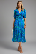 Women's Puff Sleeve V-Neck Midi Dress