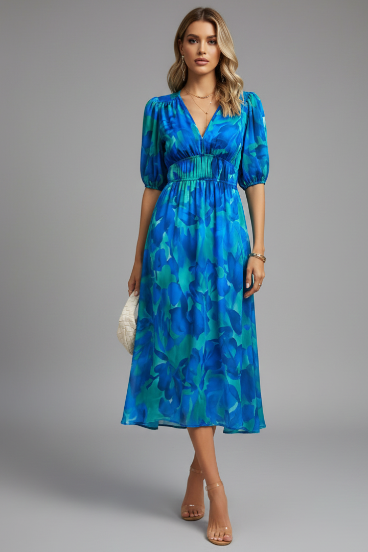 Women's Puff Sleeve V-Neck Midi Dress