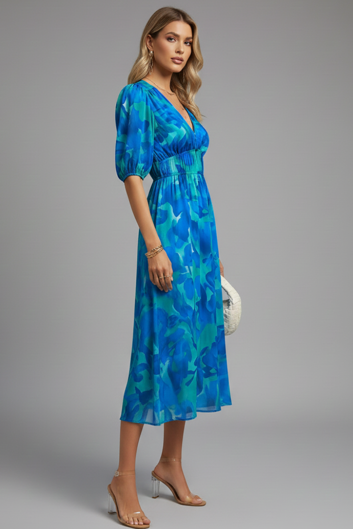 Women's Puff Sleeve V-Neck Midi Dress