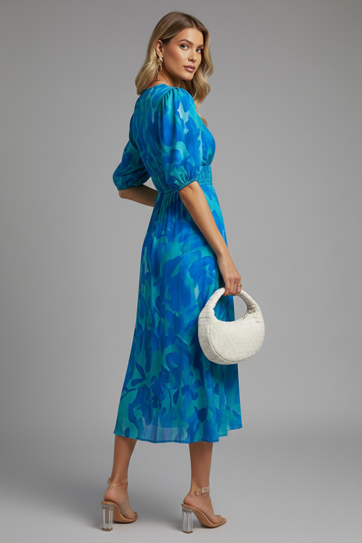 Women's Puff Sleeve V-Neck Midi Dress