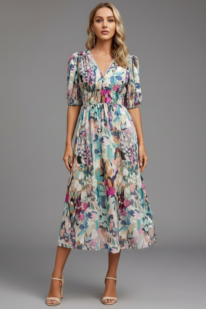 Women's Puff Sleeve V-Neck Midi Dress