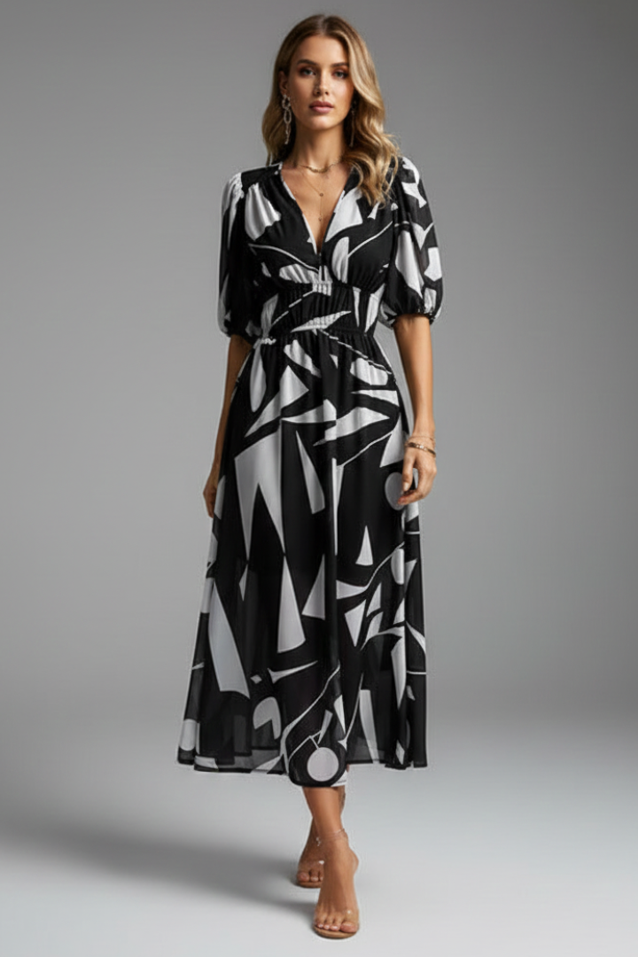 Women's Puff Sleeve V-Neck Midi Dress